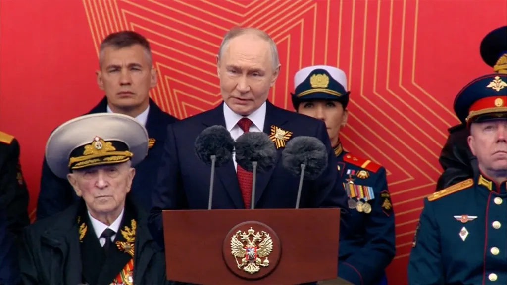 Russian President Vladimir Putin speaks during a military parade on Victory Day.