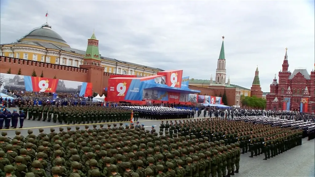 Russian service members take part in a military parade on Victory Day in Moscow's Red Square.