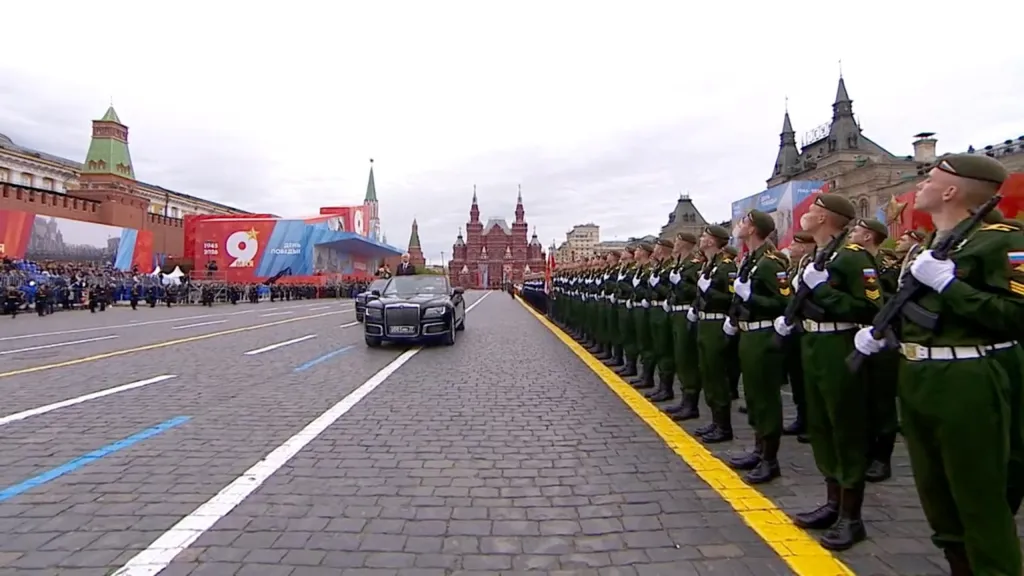 Russia's Defence Minister Andrei Belousov in a car at a military parade on Victory Day in Moscow's Red Square.