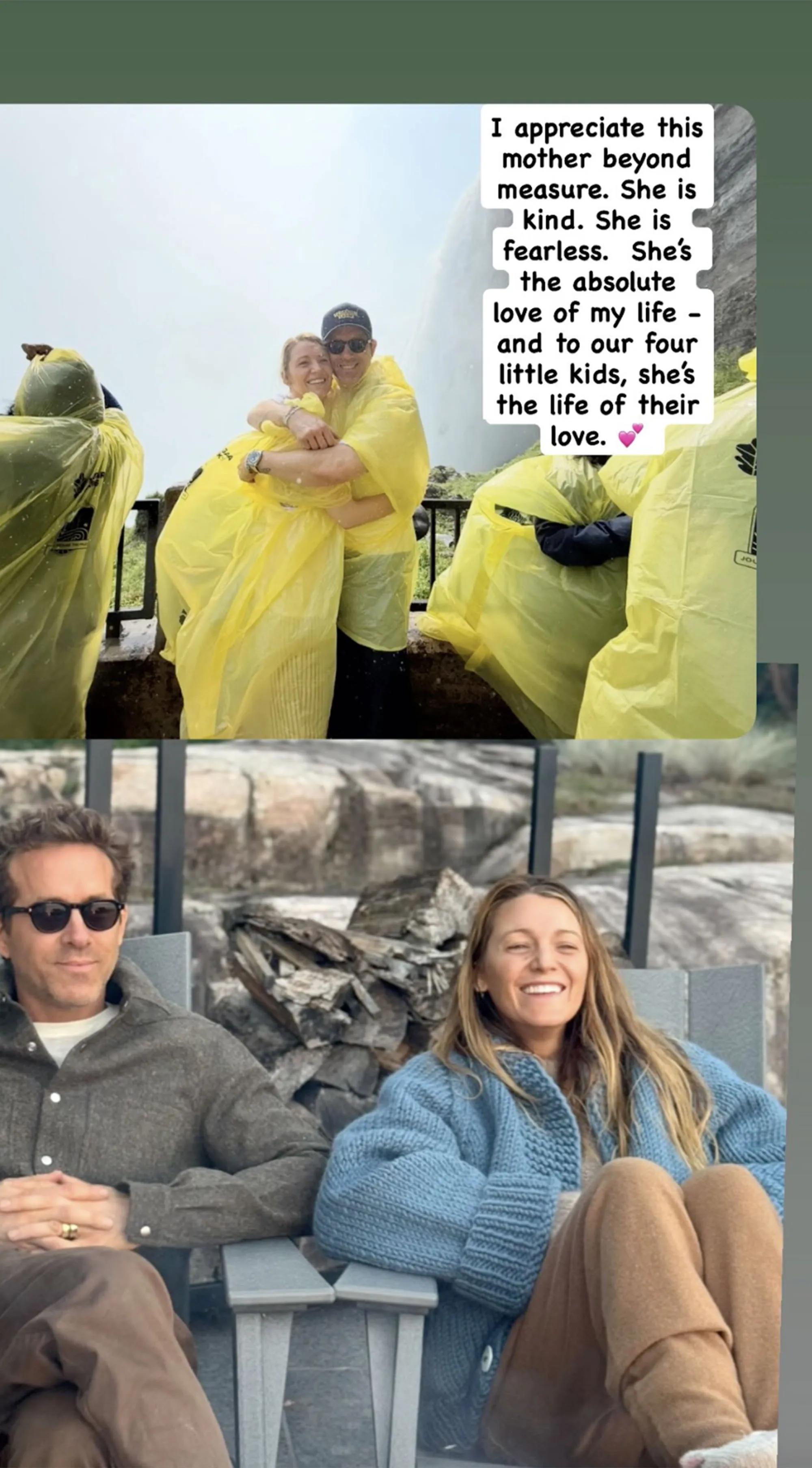Collage of Blake Lively and Ryan Reynolds, with the top photo showing them hugging in yellow rain ponchos by a waterfall and the bottom photo showing them seated outdoors, with Blake Lively laughing.