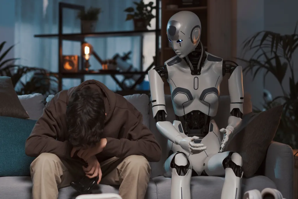 A boy losing a video game, sitting next to an AI robot.