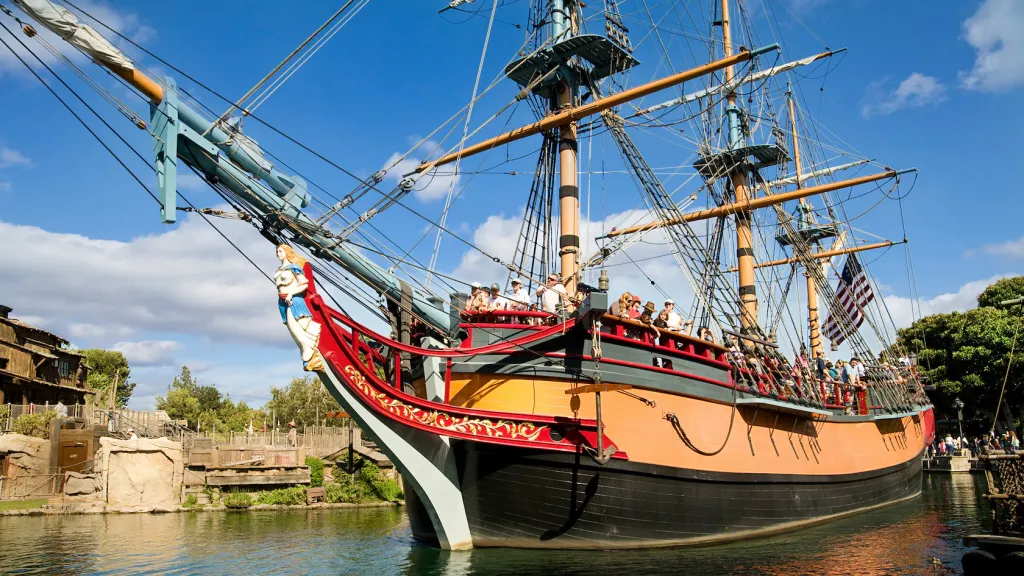 The Sailing Ship Columbia, a replica 18th-century ship, in Frontierland at Disneyland Park.