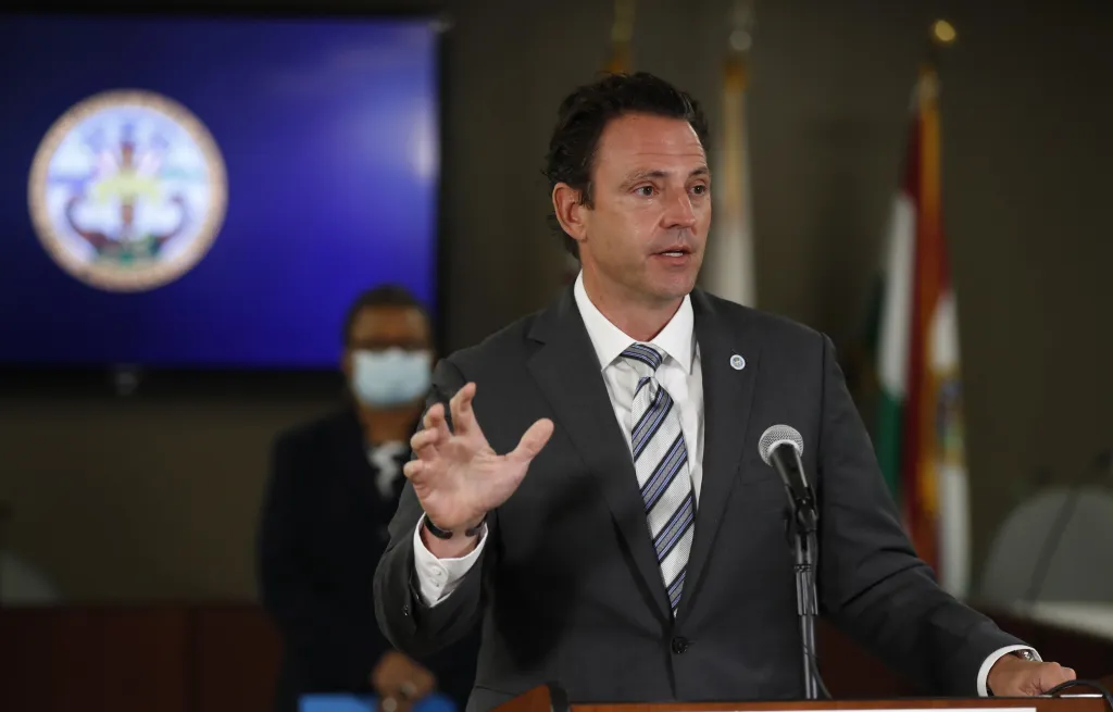 Nathan Fletcher speaking at a news conference about Pfizer COVID-19 vaccine boosters.