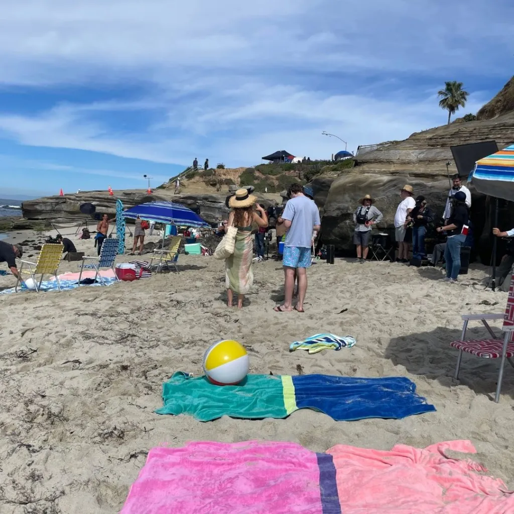 Filming of the Oscar-winning movie 'One Battle After Another' on a beach.