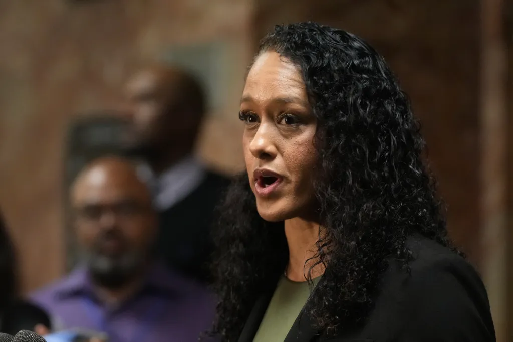 San Francisco District Attorney Brooke Jenkins speaking to reporters.