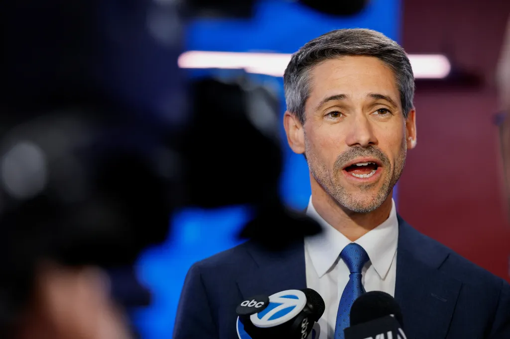 San Jose Mayor Matt Mahan speaks to the press after a California gubernatorial debate.