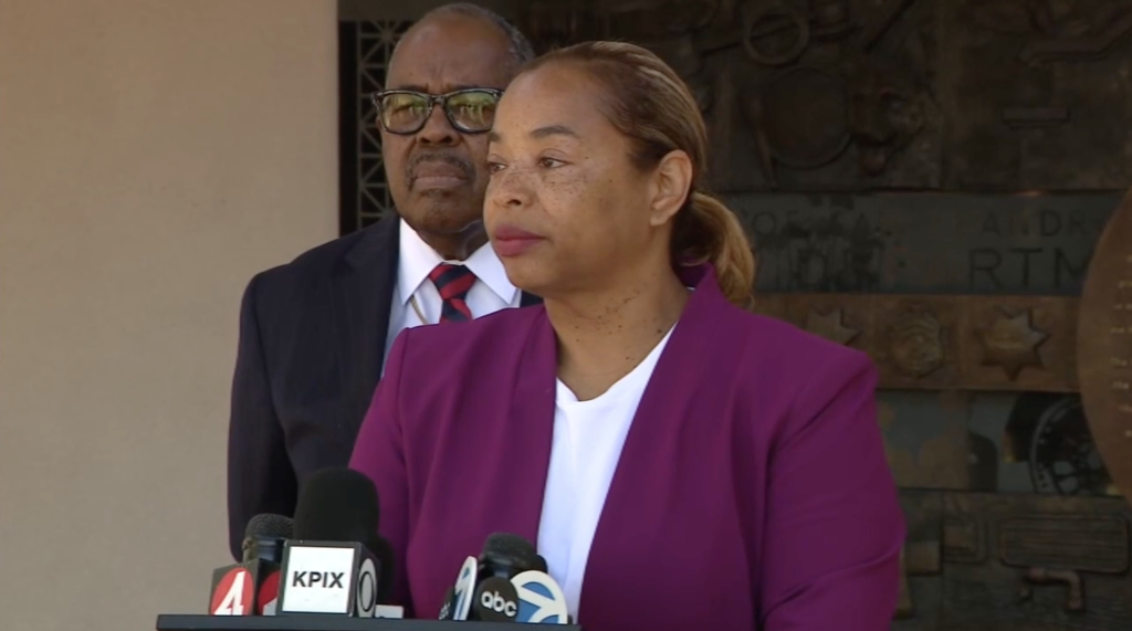 San Leandro Police Chief Angela Averiett speaking at a press conference.