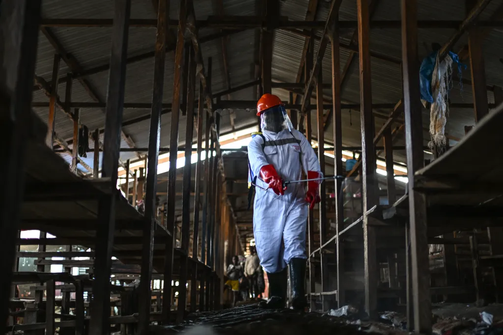 A sanitation worker sprays disinfectant in a market in Congo to combat an Ebola outbreak.
