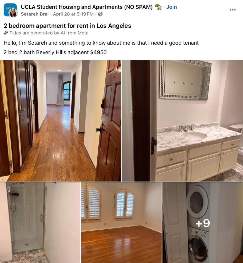 Collage of images showing an apartment for rent in Los Angeles.