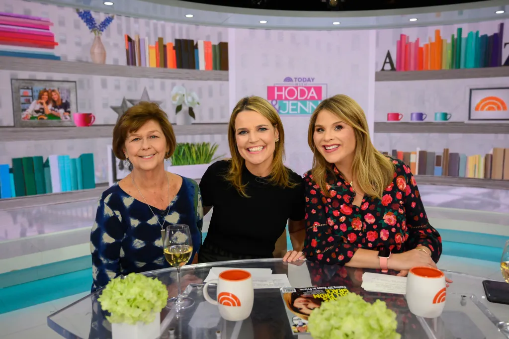 Savannah Guthrie, her mother Nancy, and Jenna Bush Hager smiling during a Today show segment.