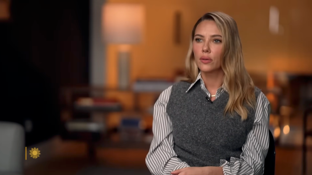 Scarlett Johansson looking off-camera during an interview.
