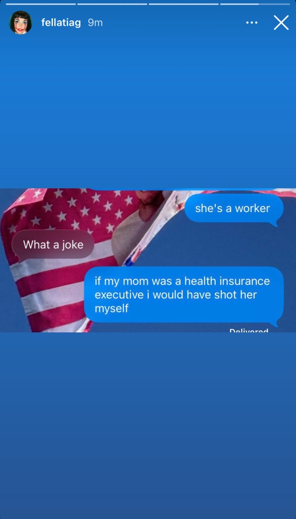 Screenshot of an Instagram story post showing text messages over an American flag that read: