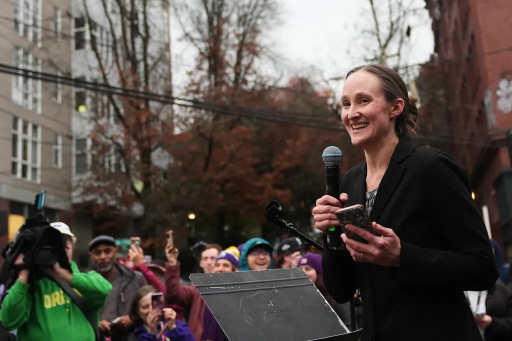 Seattle mayor-elect Katie Wilson speaking to Starbucks employees and supporters at a strike.