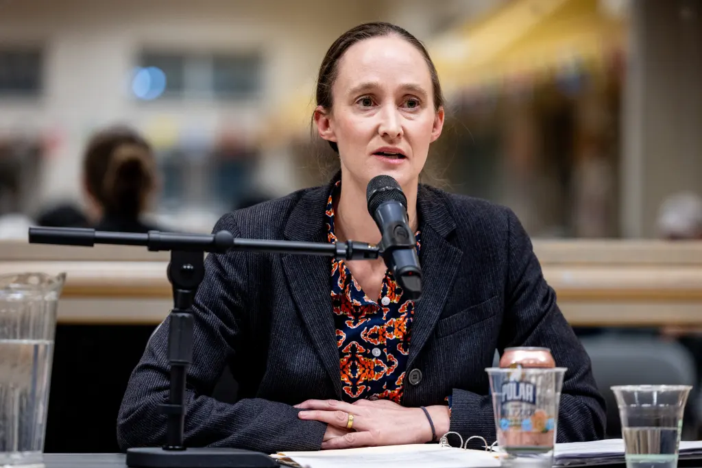 Seattle mayoral candidate Katie Wilson speaks during a climate forum Thursday, Oct. 16, 2025, in Seattle. 