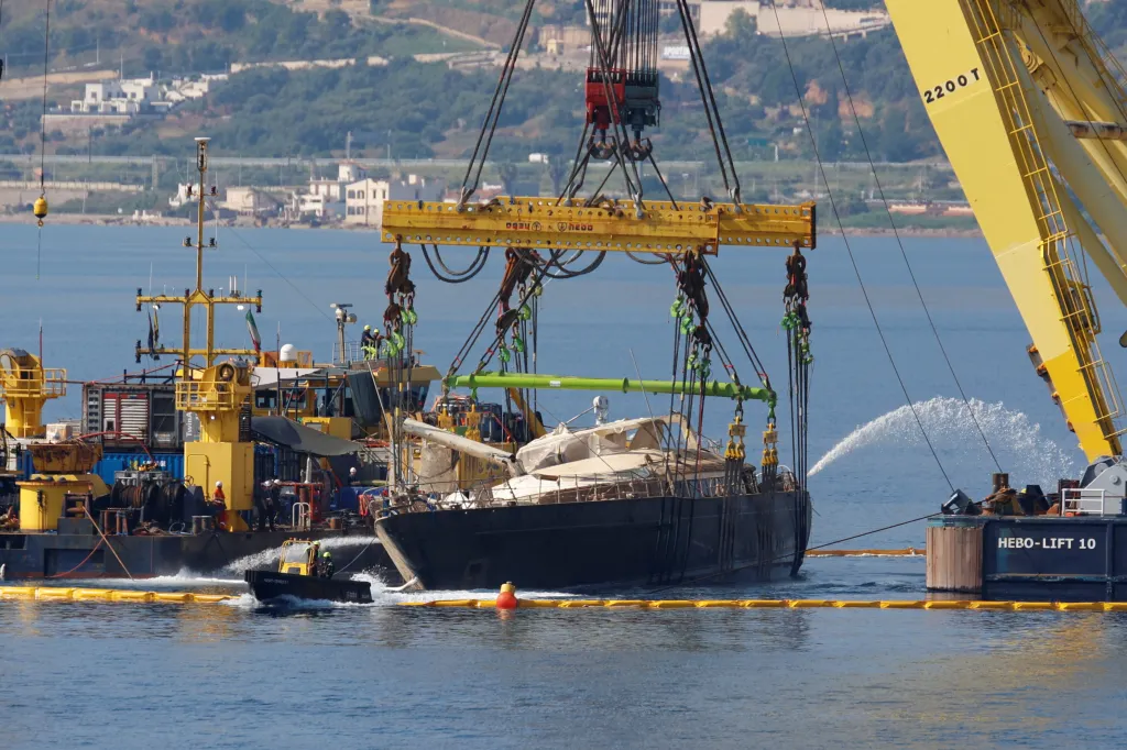 The Bayesian is pulled from the water nearly a year after it sunk off the coast of Sicily on June 21, 2025. 
