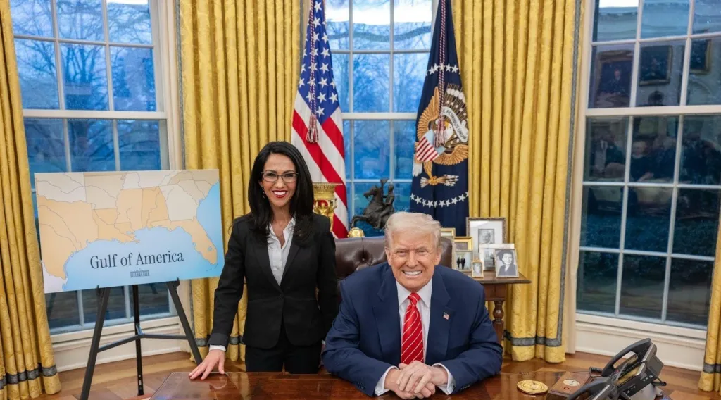 Lauren Boebert and Donald Trump in the Oval Office, with a map of the Gulf of America on an easel.
