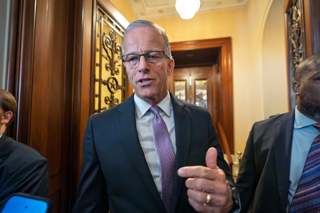 Senator John Thune speaks to reporters at the Capitol.