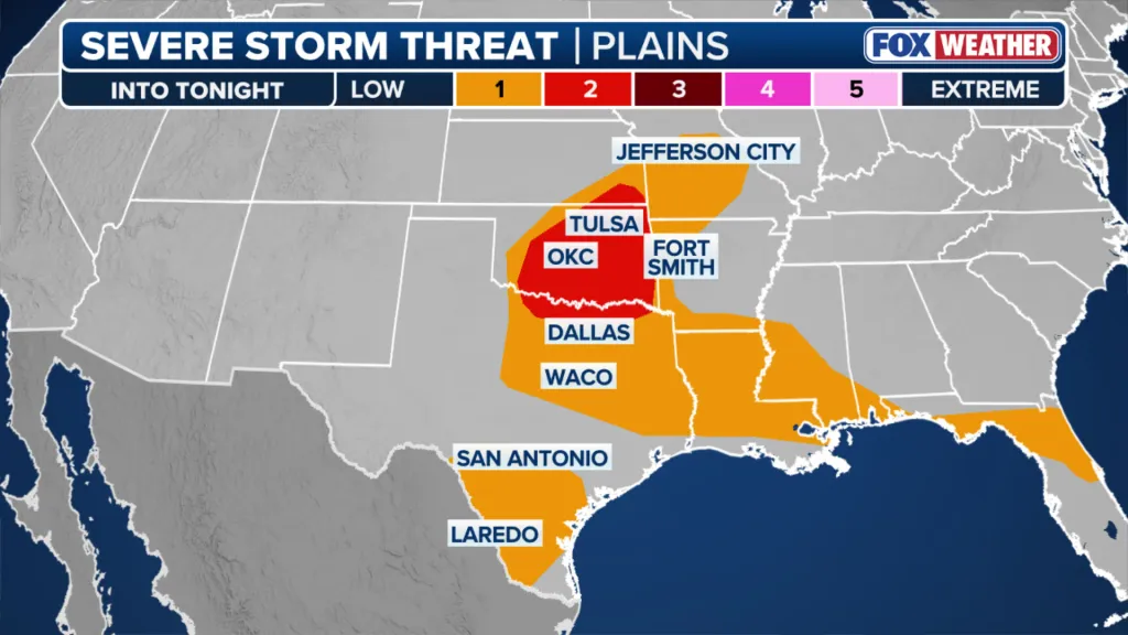 Map illustrating severe storm threats across the Plains states, with Oklahoma City and Tulsa highlighted in red for the highest threat level.