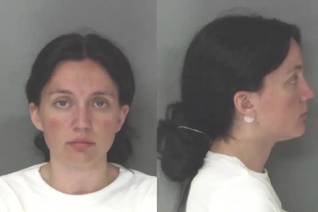 Mugshot of a woman in a white shirt, with long dark hair pulled back, seen from the front and in profile.