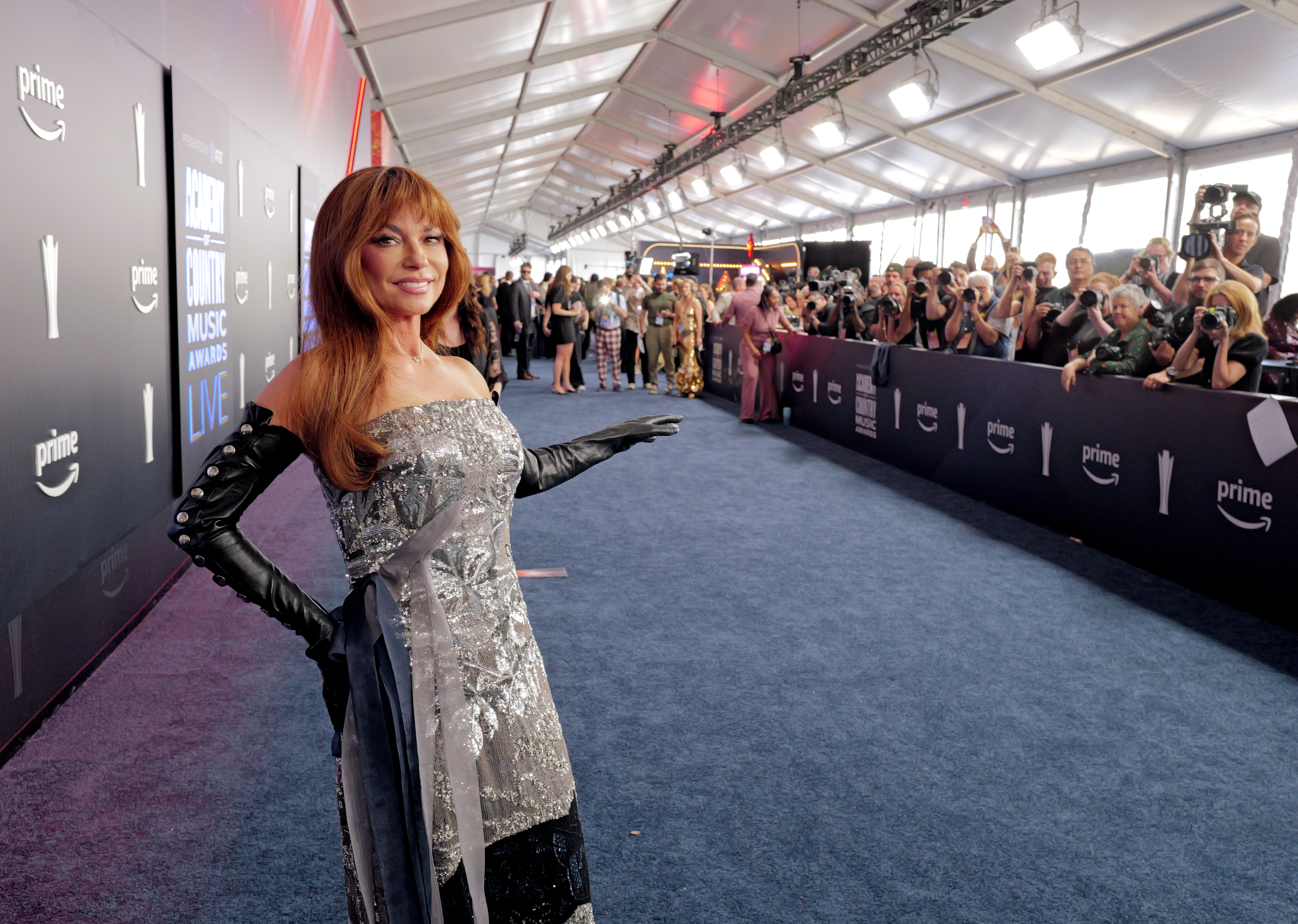 Shania Twain posing in a sparkling gown with long black gloves at the 61st Academy of Country Music Awards.