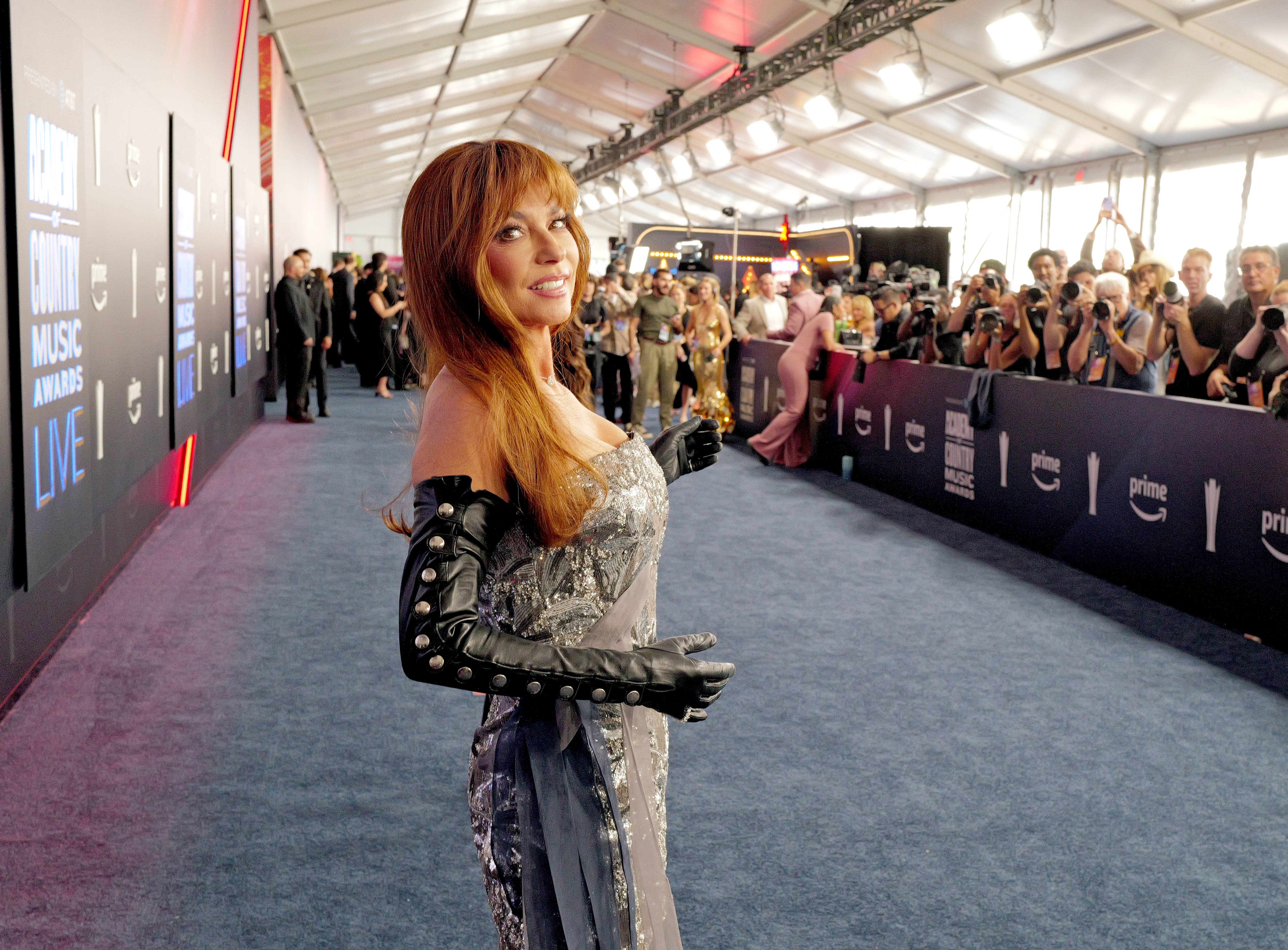 Shania Twain in a sparkling gown and black opera gloves at the Academy of Country Music Awards.