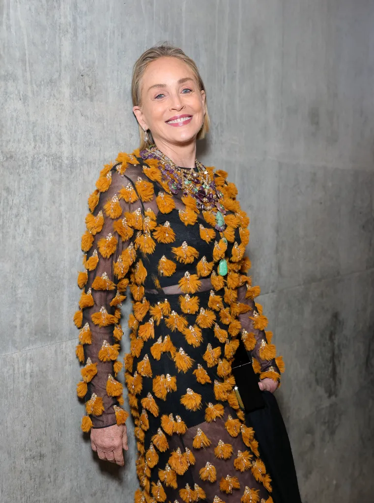 Sharon Stone smiling in a black dress with orange tufts, a layered necklace, and diamond earrings.