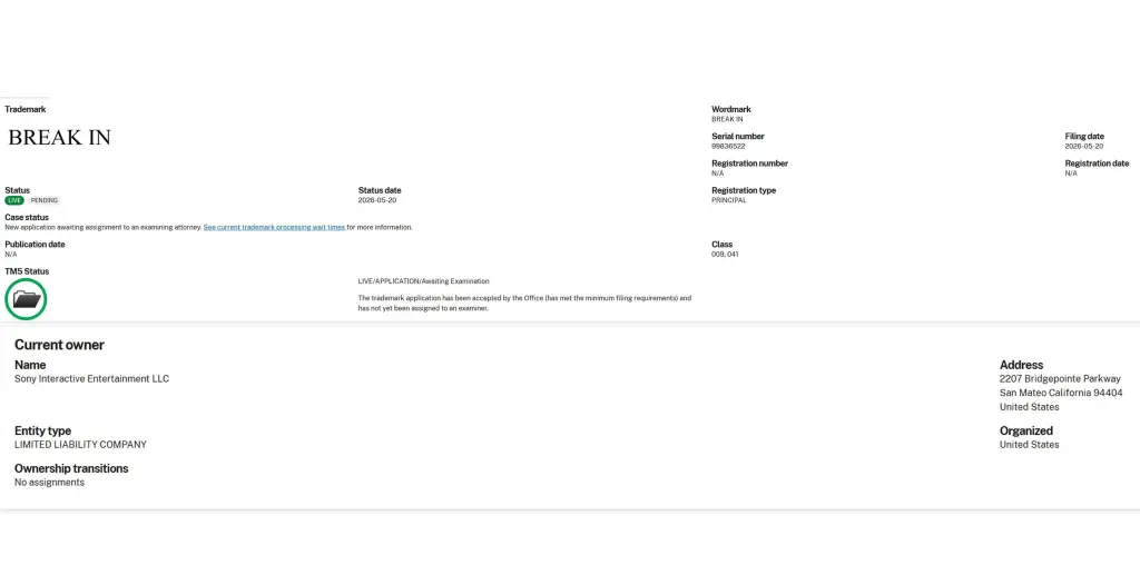 Sony Break In Trademark Patent