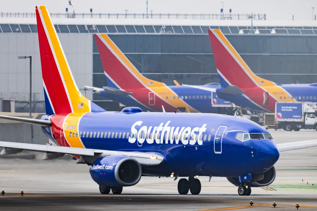 A Southwest Airlines plane on the runway at Los Angeles International Airport.