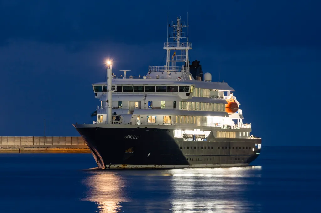 The cruise ship MV Hondius anchors near the port of Granadilla, Tenerife.