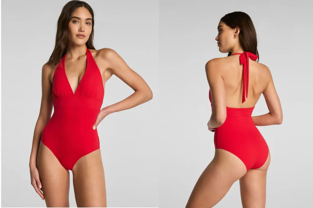Front and back view of a woman wearing a red halterneck swimsuit.