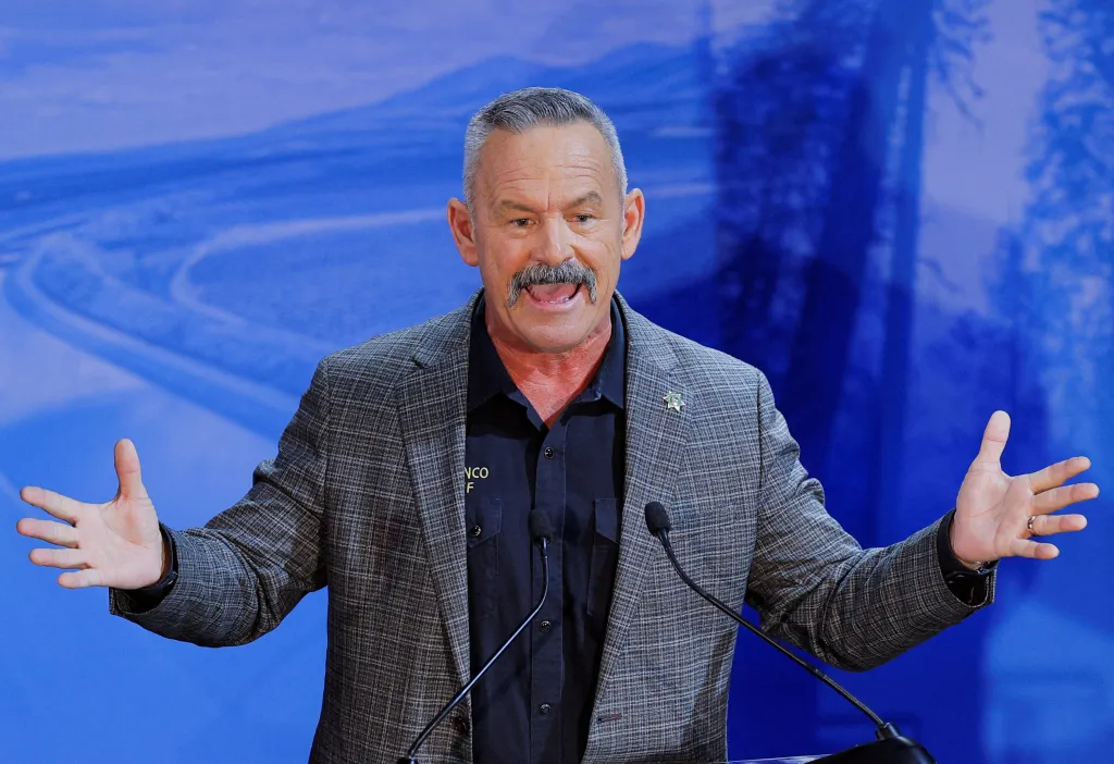 Chad Bianco speaks at the California gubernatorial debate.