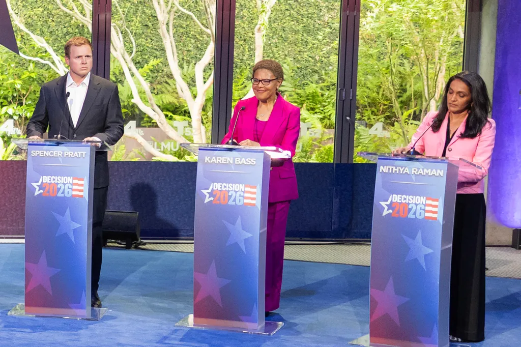 Spencer Pratt, Karen Bass, and Nithya Raman at the NBC4 and Telemundo 52 California Gubernatorial and Los Angeles Mayoral Debates.