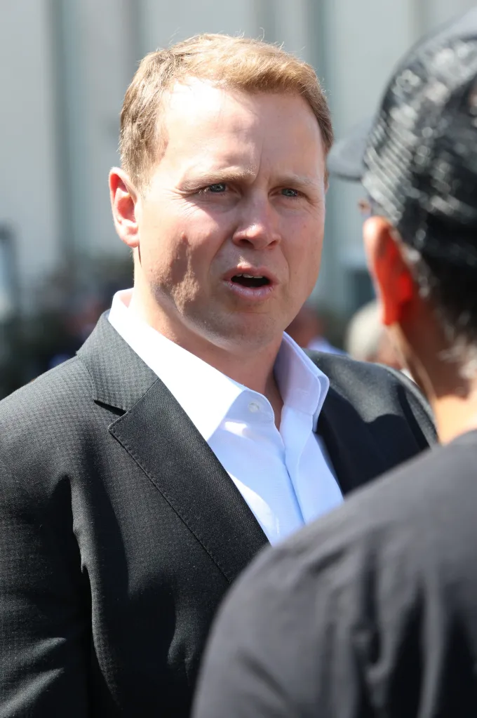 Spencer Pratt speaking at a BBQ meet and greet in Los Angeles.