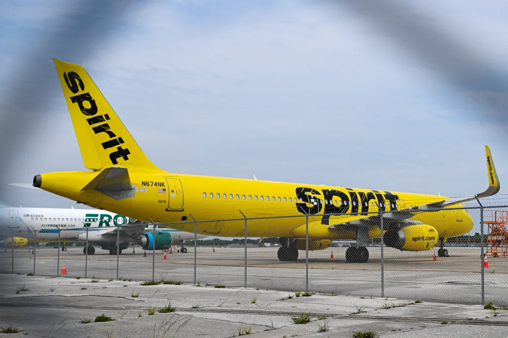 A Spirit Airlines jet sits on the tarmac at Orlando International Airport on May 2, 2026.