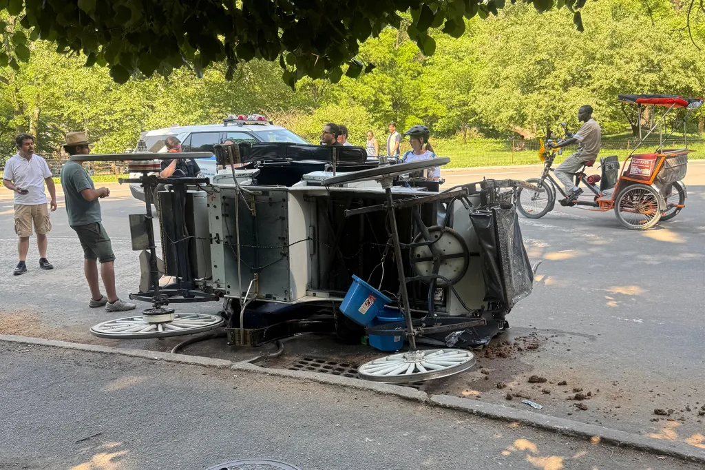 An overturned horse carriage on a paved path in a park with several people and a pedicab nearby.