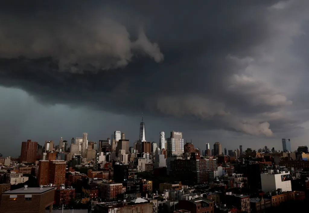 Dark storm clouds gather over the Manhattan skyline.