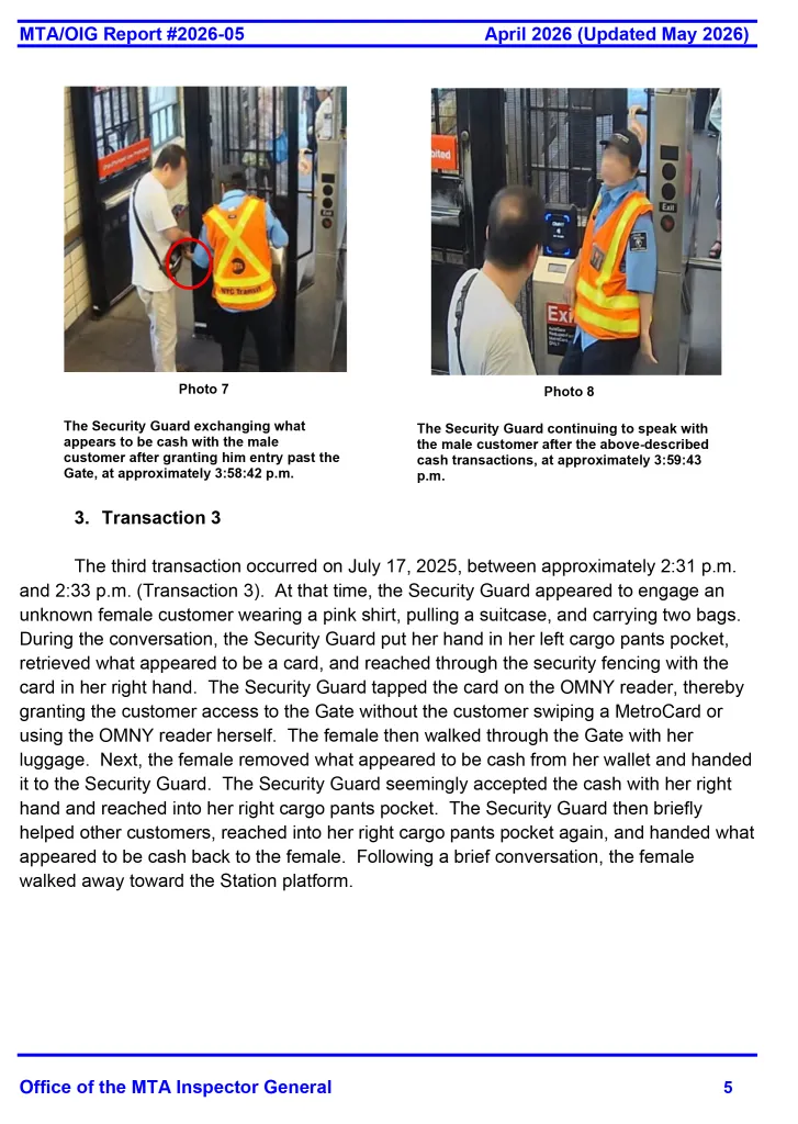 Collage of two photos of a subway security guard appearing to accept cash from a male customer in exchange for gate access.