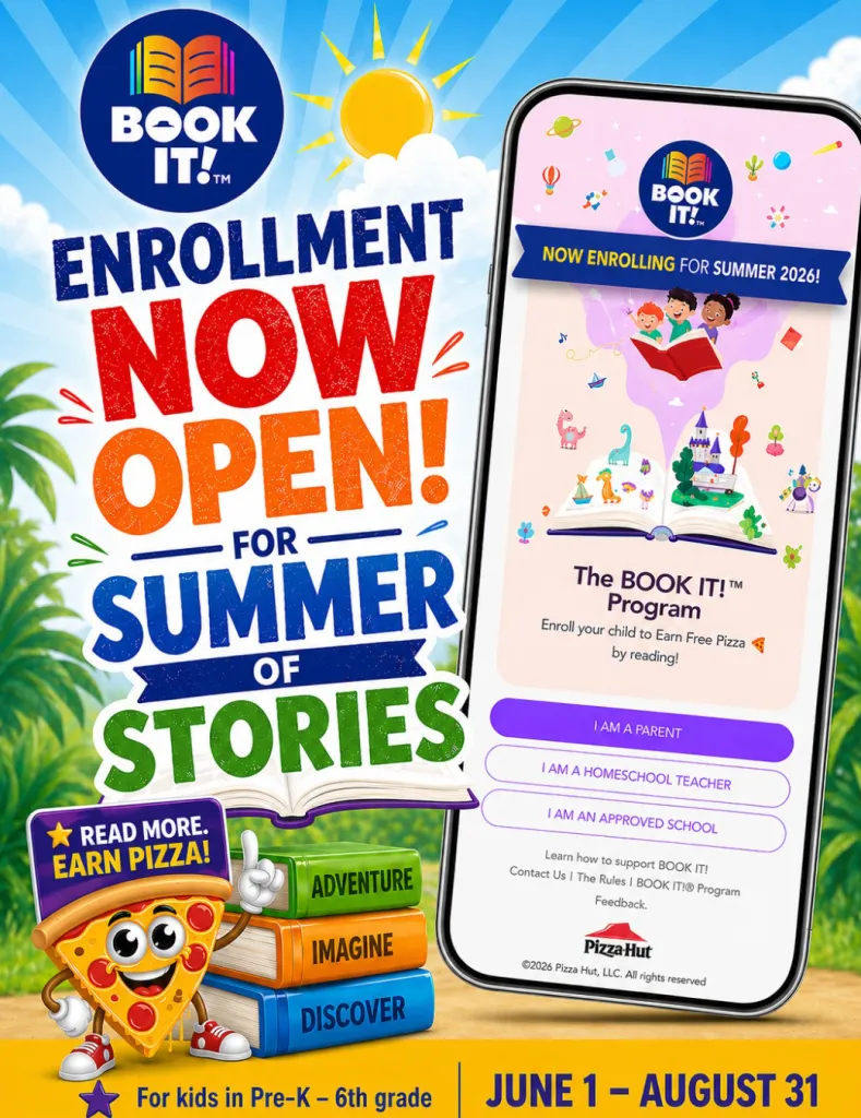 Illustration of Pizza Hut's BOOK IT! Summer Reading Program, showing enrollment information and a mobile app interface.