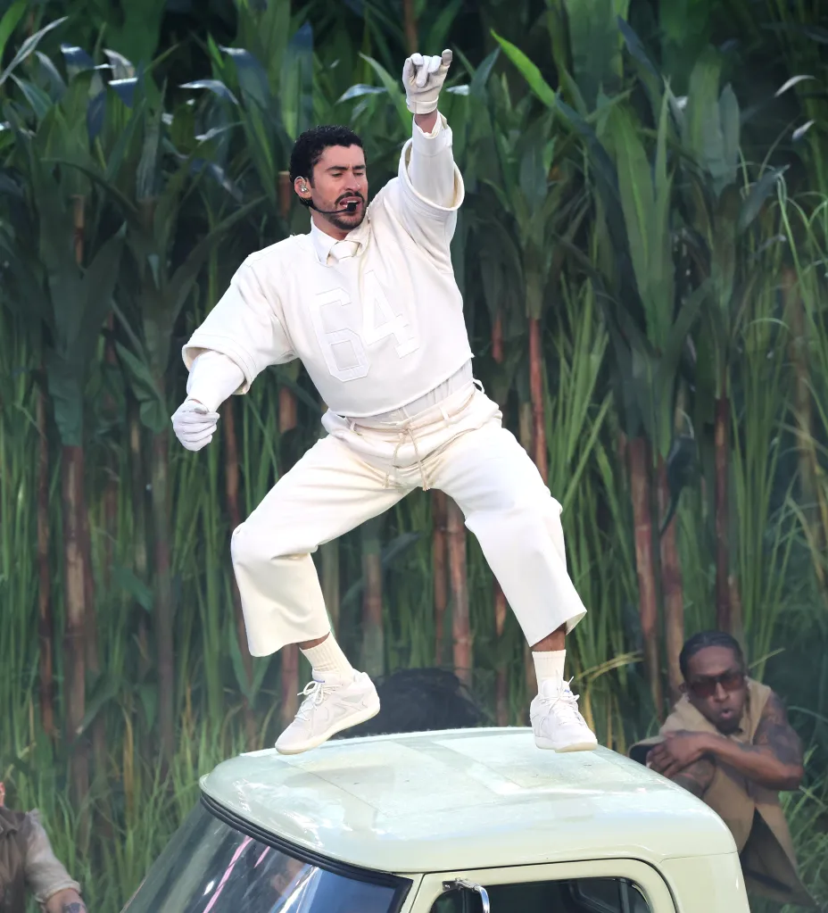 Bad Bunny singing on top of a truck during the Super Bowl LX Halftime show.