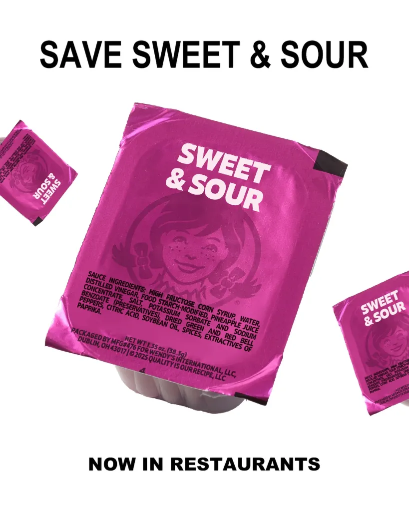 Illustration of three Wendy's Sweet & Sour sauce packets.