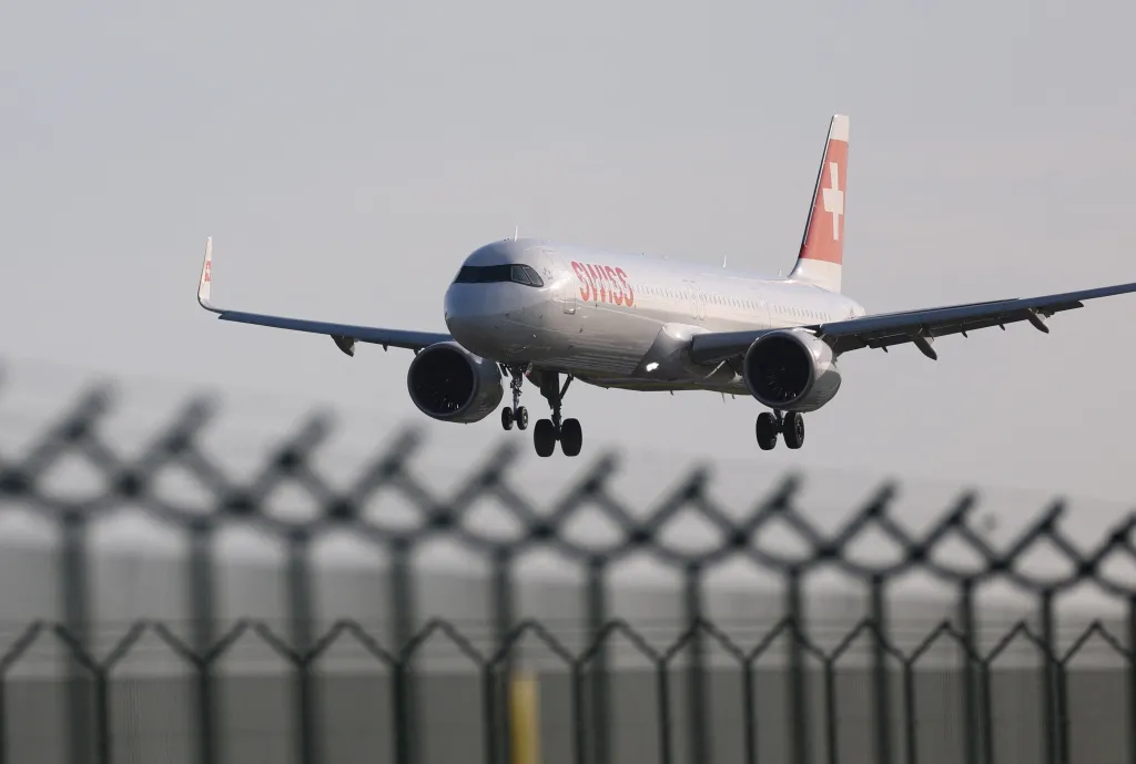 A Swiss Airlines aircraft lands at Brussels International Airport.