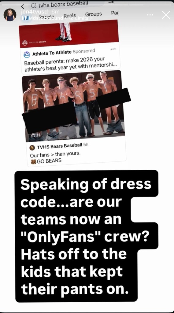 A screenshot of an Instagram post featuring five shirtless male athletes with letters painted on their chests, with pants on or around their ankles, and a text overlay criticizing their attire.
