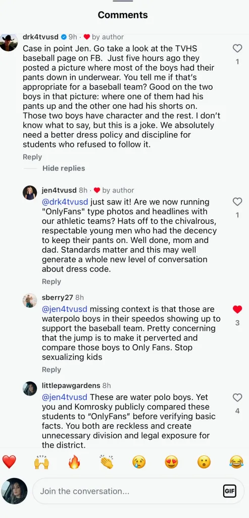 Screenshots of social media comments regarding a photo of the Temecula Valley High School water polo team.