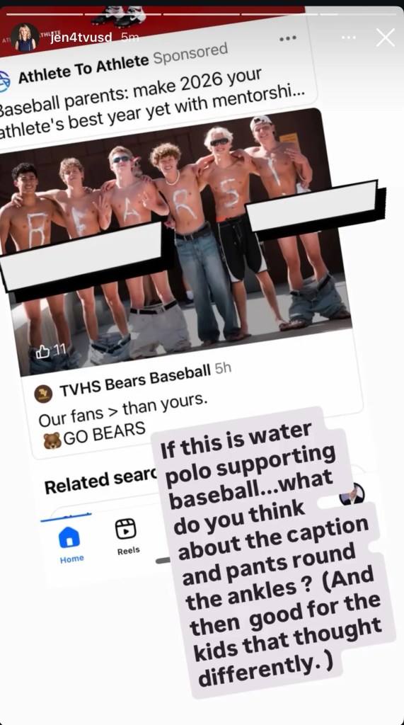 Screenshot of a social media post with a photo of the Temecula Valley High School water polo team, shirtless and with letters written on their chests.