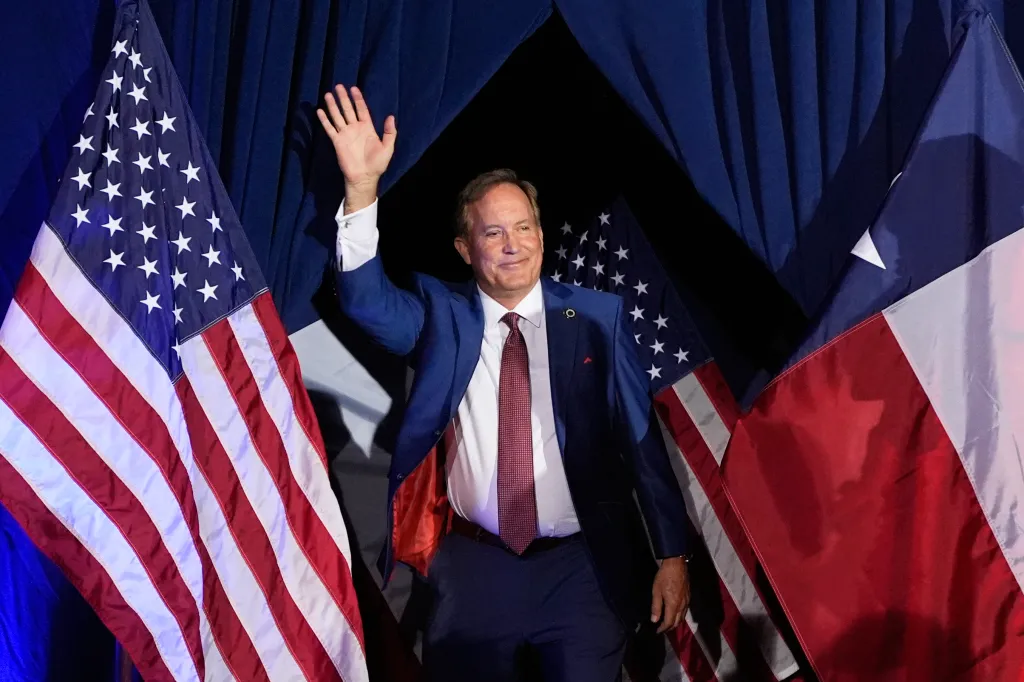 Texas Attorney General Ken Paxton, a Republican candidate for the US Senate, waves as he takes the stage during a primary runoff election night event after winning the Republican party's nomination Tuesday, May 26, 2026, in Plano, Texas.