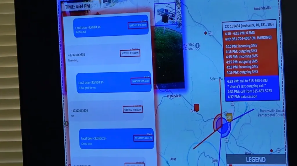 A screen displays text messages between Thomas O'Donnell and someone on a burner phone, alongside a map and call logs.