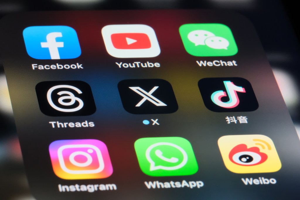 Assorted online social media app icons including X, Threads, Facebook, YouTube, Instagram, WeChat, WhatsApp, Douyin (TikTok), and Sina Weibo.