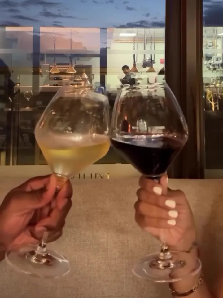 Two hands clinking wine glasses, one with white wine and one with red wine, indoors at dusk.