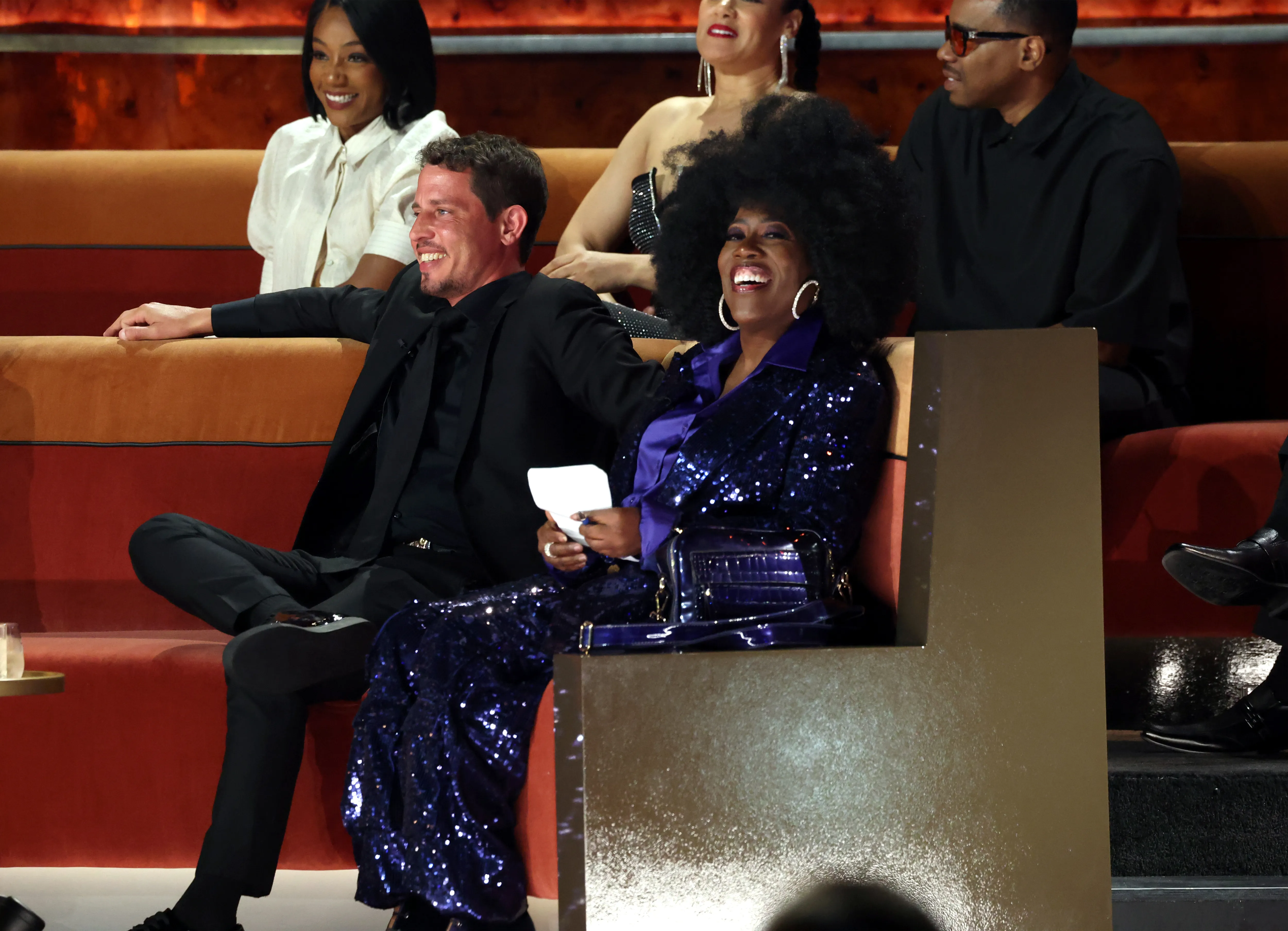 Tony Hinchliffe, Tiffany Haddish, Cynthia Kaye McWilliams, Sheryl Underwood and Duane Martin seated on a couch.