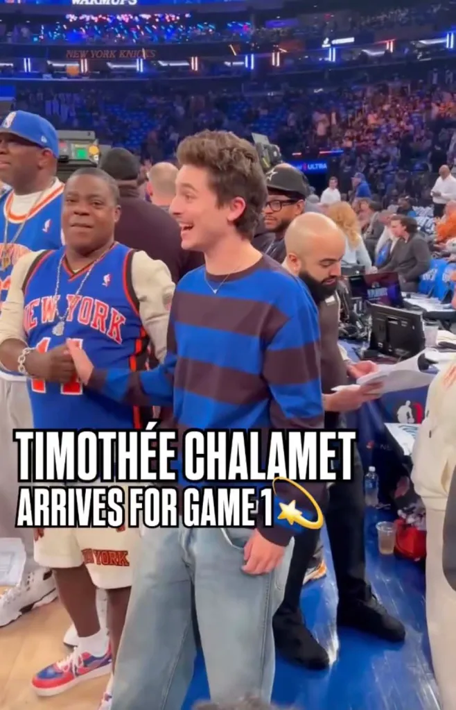 Timothée Chalamet and Tracy Morgan at a New York Knicks basketball game.
